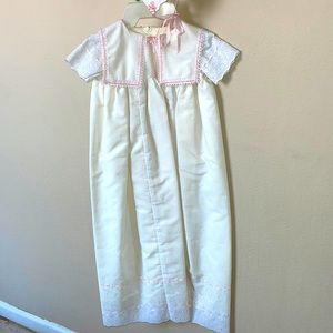 Baby Infant christening dress with bonnet pink ribbon and lace details hand s…